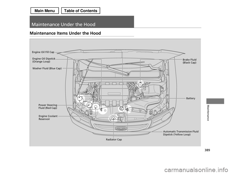 HONDA PILOT 2013 2.G Owners Manual 389
Maintenance
Maintenance Under the Hood
Maintenance Items Under the Hood
Brake Fluid (Black Cap)
Engine Coolant Reservoir
Radiator Cap
Washer Fluid (Blue Cap)
Engine Oil Dipstick (Orange Loop)
Eng HONDA PILOT 2013 2.G Owners Manual 389
Maintenance
Maintenance Under the Hood
Maintenance Items Under the Hood
Brake Fluid (Black Cap)
Engine Coolant Reservoir
Radiator Cap
Washer Fluid (Blue Cap)
Engine Oil Dipstick (Orange Loop)
Eng