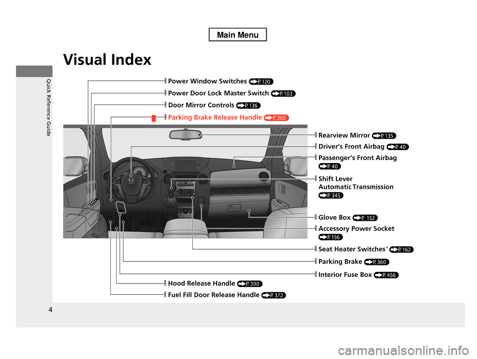 HONDA PILOT 2013 2.G Owners Manual Visual Index
4
Quick Reference Guide
❙Power Door Lock Master Switch (P103)
❙Power Window Switches (P120)
❙Rearview Mirror (P135)
❙Hood Release Handle (P390)
❙Glove Box (P 152)
❙Drivers Fr