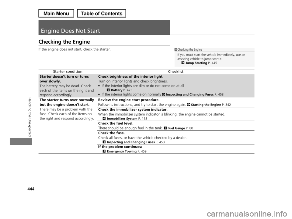 HONDA PILOT 2013 2.G Owners Manual 444
Handling the Unexpected
Engine Does Not Start
Checking the Engine
If the engine does not start, check the starter.
Starter conditionChecklist
Starter doesn’t turn or turns
over slowly.
The bat HONDA PILOT 2013 2.G Owners Manual 444
Handling the Unexpected
Engine Does Not Start
Checking the Engine
If the engine does not start, check the starter.
Starter conditionChecklist
Starter doesn’t turn or turns
over slowly.
The bat