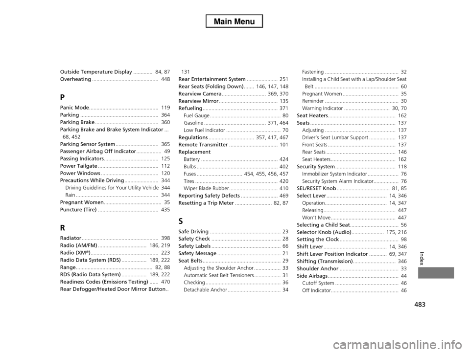 HONDA PILOT 2013 2.G Owners Manual 483
Index
Outside Temperature Display.............  84, 87
Overheating.............................................  448
P
Panic Mode...............................................  119
Parking.......