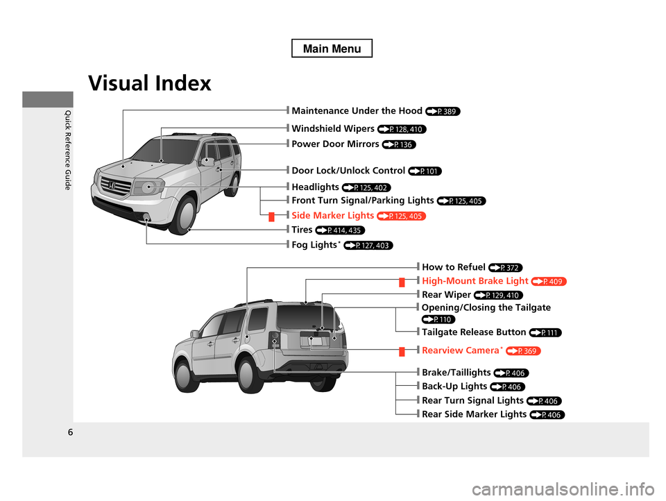 HONDA PILOT 2013 2.G Owners Manual Visual Index
6
Quick Reference Guide
❙Windshield Wipers (P128, 410)
❙Door Lock/Unlock Control (P101)
❙How to Refuel (P372)
❙High-Mount Brake Light (P409)
❙Opening/Closing the Tailgate 
(P110