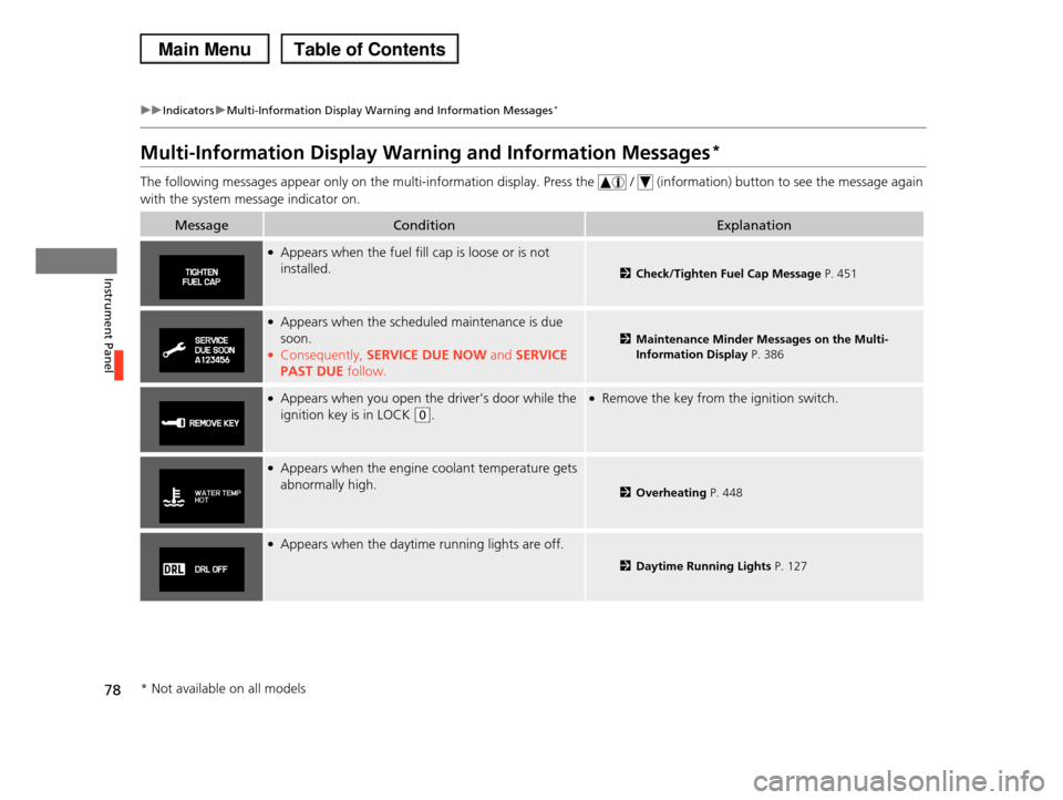 HONDA PILOT 2013 2.G Owners Manual 78
uuIndicatorsuMulti-Information Display Warning and Information Messages*
Instrument Panel
Multi-Information Display Warning and Information Messages*
The following messages appear only on the multi