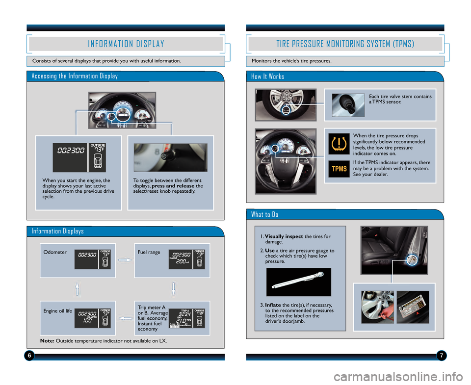 HONDA PILOT 2013 2.G Technology Reference Guide I \f F O R M A T I O \f   D I S P L A Y
Consists of several displays that provide you with useful information.
67
What to Do
\bow It Works
TIRE PRESSURE MO\fITORI\fG SYSTEM (TPMS)
Monitors the vehicle