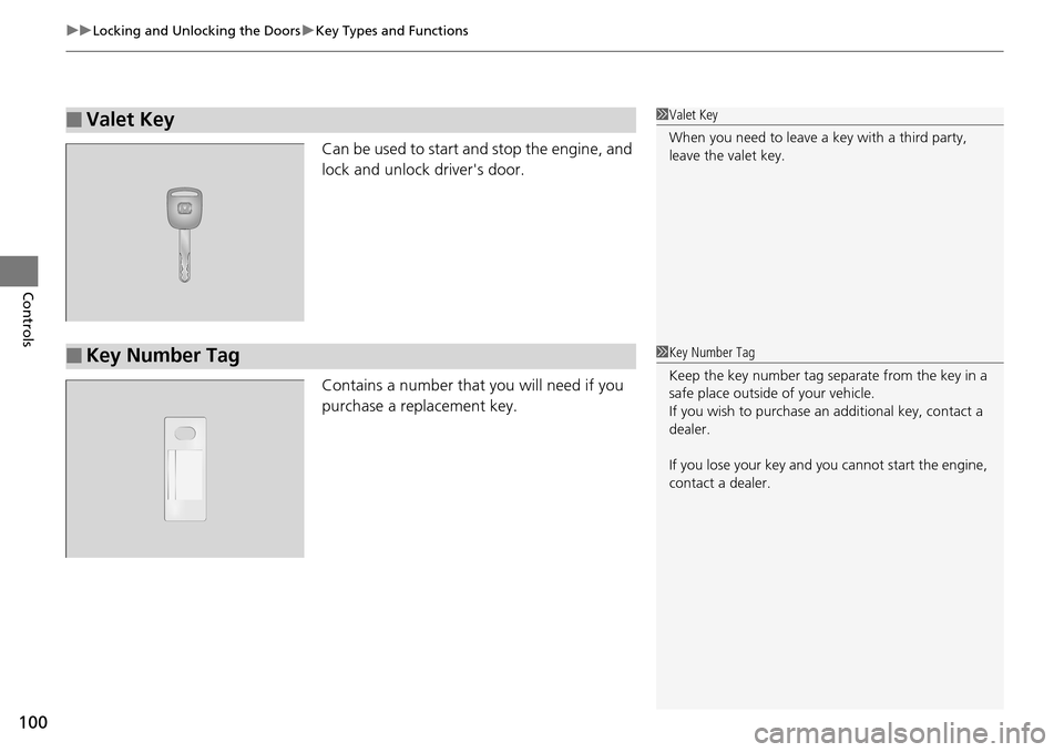 HONDA PILOT 2014 2.G User Guide uu Locking and Unlocking the Doors  u Key Types and Functions
100
Controls
Can be used to start and stop the engine, and 
lock and unlock drivers door.
Contains a number that you will need if you 
pu