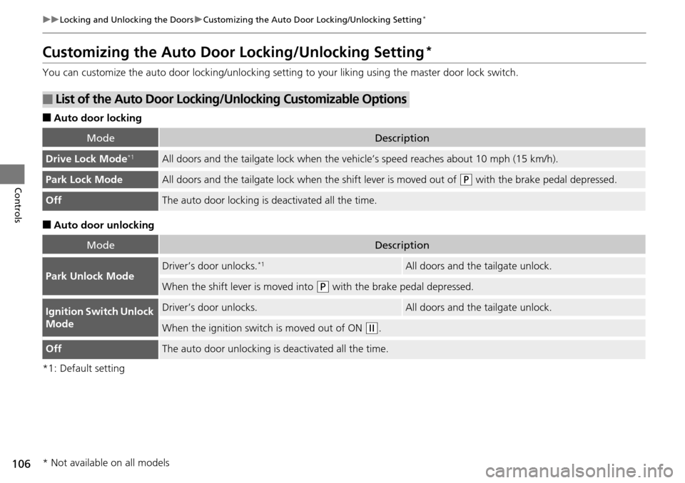 HONDA PILOT 2014 2.G User Guide 106
uu Locking and Unlocking the Doors  u Customizing the Auto Door Locking/Unlocking Setting *
Controls
Customizing the Auto Door  Locking/Unlocking Setting *
You can customize the auto door locking/