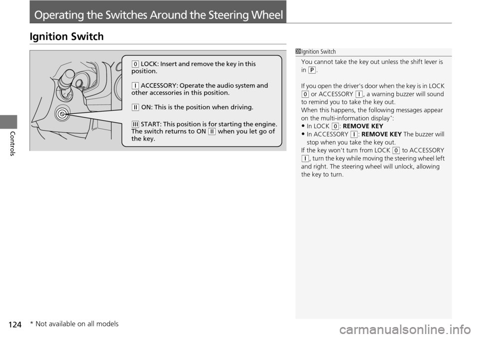 HONDA PILOT 2014 2.G Owners Guide 124
Controls
Operating the Switches Around the Steering Wheel
Ignition Switch
1Ignition Switch
You cannot take the key out  unless the shift lever is 
in 
  (
P
 .
If you open the drivers door  when 