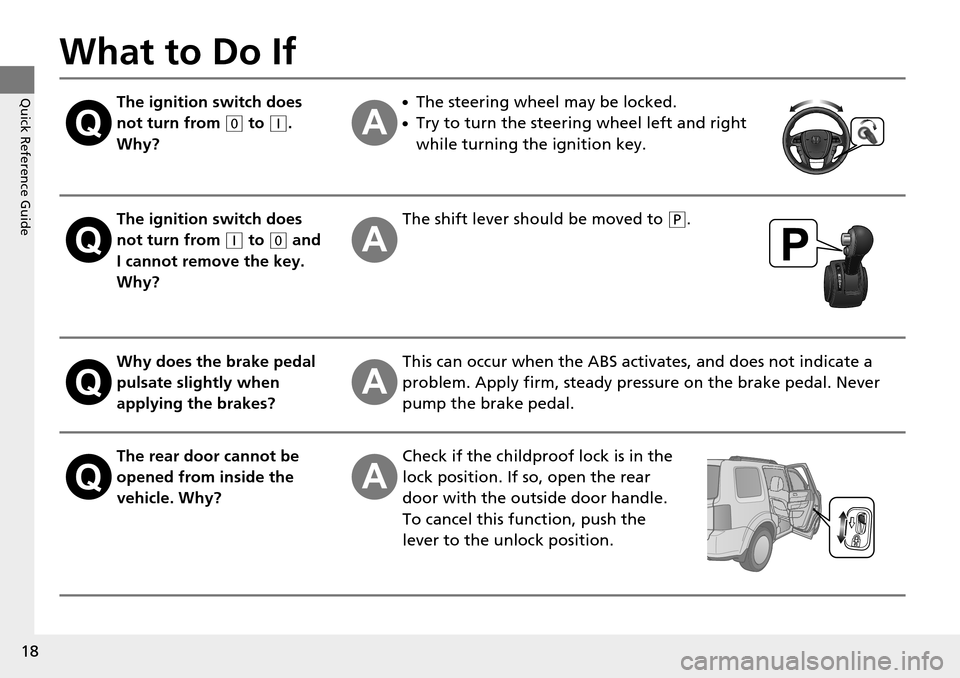 HONDA PILOT 2014 2.G User Guide 18
Quick Reference Guide
What to Do If
The ignition switch does 
not turn from 
 (0
  to  (q
 . 
Why?
●The steering wheel may be locked.
●Try to turn the steering wheel left and right 
while turni