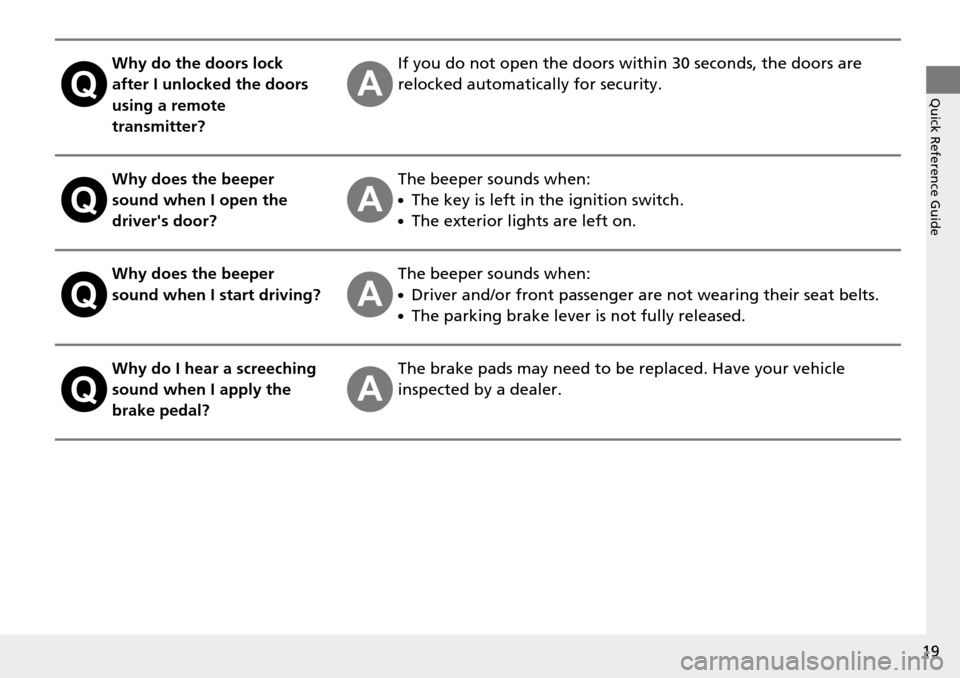 HONDA PILOT 2014 2.G User Guide 19
Quick Reference Guide
Why do the doors lock 
after I unlocked the doors 
using a remote 
transmitter?If you do not open the doors within 30 seconds, the doors are 
relocked automatically for securi