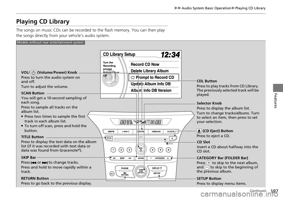 HONDA PILOT 2014 2.G Owners Manual 197
uu Audio System Basic Operation u Playing CD Library
Continued
Features
Playing CD Library
The songs on music CDs can be recorded to the flash memory. You can then play
the songs directly from HONDA PILOT 2014 2.G Owners Manual 197
uu Audio System Basic Operation u Playing CD Library
Continued
Features
Playing CD Library
The songs on music CDs can be recorded to the flash memory. You can then play
the songs directly from