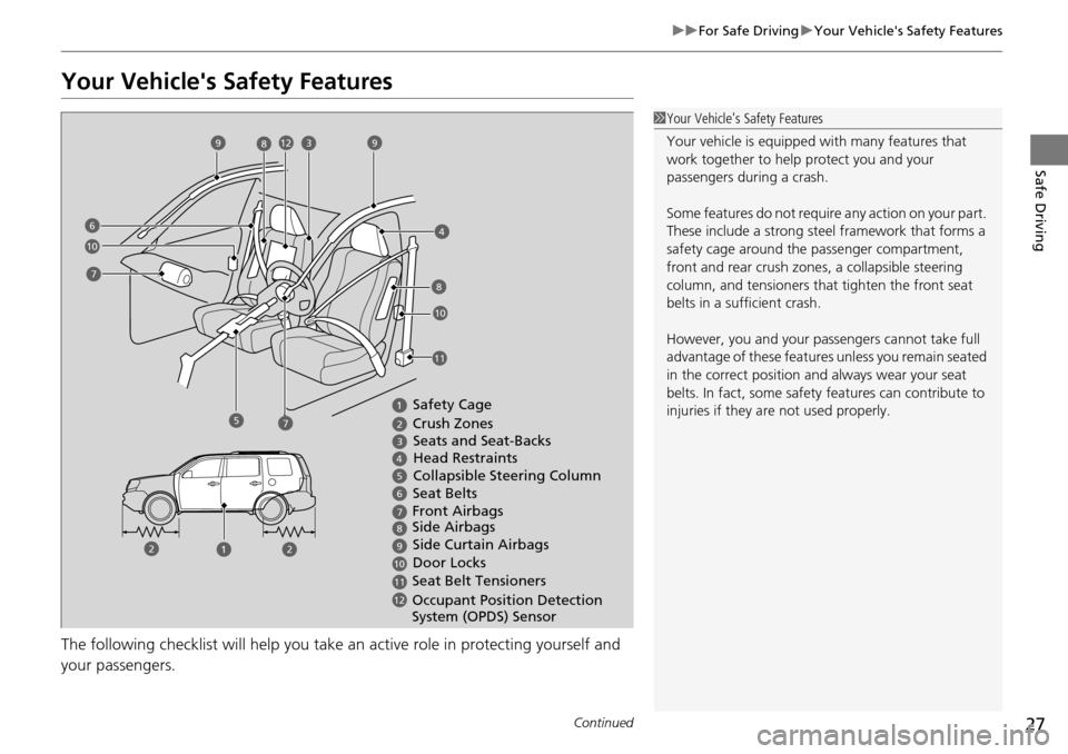 HONDA PILOT 2014 2.G Owners Manual 27
uu For Safe Driving  u Your Vehicles Safety Features
Continued
Safe Driving
Your Vehicles Safety Features
The following checklist will help you take an active role in protecting yourself and 
you