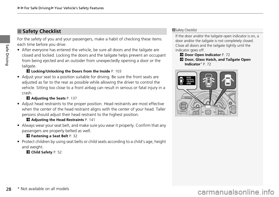 HONDA PILOT 2014 2.G Owners Manual uu For Safe Driving  u Your Vehicles Safety Features
28
Safe DrivingFor the safety of you and your passenge rs, make a habit of checking these items 
each time before you drive.
• After everyone ha