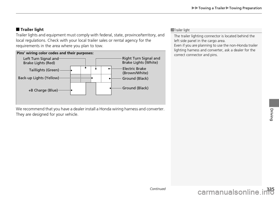 HONDA PILOT 2014 2.G Owners Manual Continued335
uu Towing a Trailer  u Towing Preparation
Driving
■Trailer light
Trailer lights and equipment must comply with  federal, sta
 te, province/territory, and 
local regulations. Check with 
