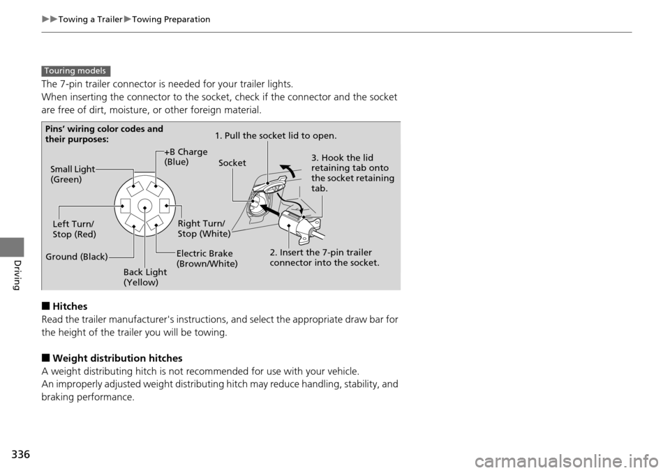 HONDA PILOT 2014 2.G Owners Manual 336
uu Towing a Trailer  u Towing Preparation
Driving
The 7-pin trailer connector is needed for your trailer lights.
When inserting the connector to the socket, check if the connector and the socket 
