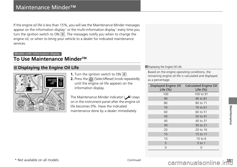 HONDA PILOT 2014 2.G Owners Manual 381Continued
Maintenance
Maintenance Minder™
If the engine oil life is less than 15%, you will see the Maintenance Minder messages
appear on the information display * or the multi-information disp HONDA PILOT 2014 2.G Owners Manual 381Continued
Maintenance
Maintenance Minder™
If the engine oil life is less than 15%, you will see the Maintenance Minder messages
appear on the information display * or the multi-information disp