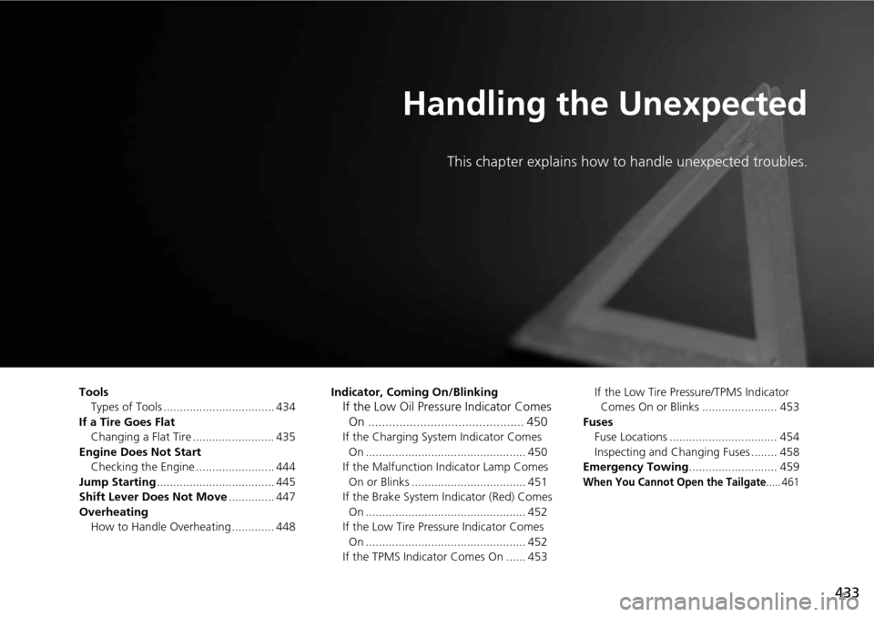 HONDA PILOT 2014 2.G Owners Manual 433
Handling the Unexpected
This chapter explains how to handle unexpected troubles.
ToolsTypes of Tools .................................. 434
If a Tire Goes Flat Changing a Flat Tire ...............