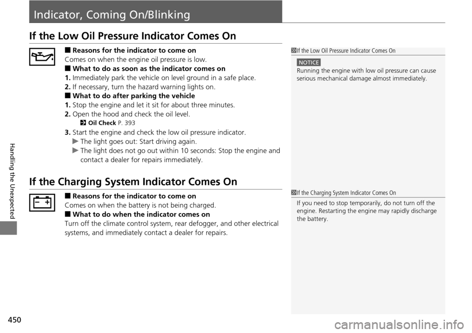 HONDA PILOT 2014 2.G Owners Manual 450
Handling the Unexpected
Indicator, Coming On/Blinking
If the Low Oil Pressure Indicator Comes On
■Reasons for the indicator to come on
Comes on when the engine oil pressure is low.
■What to do