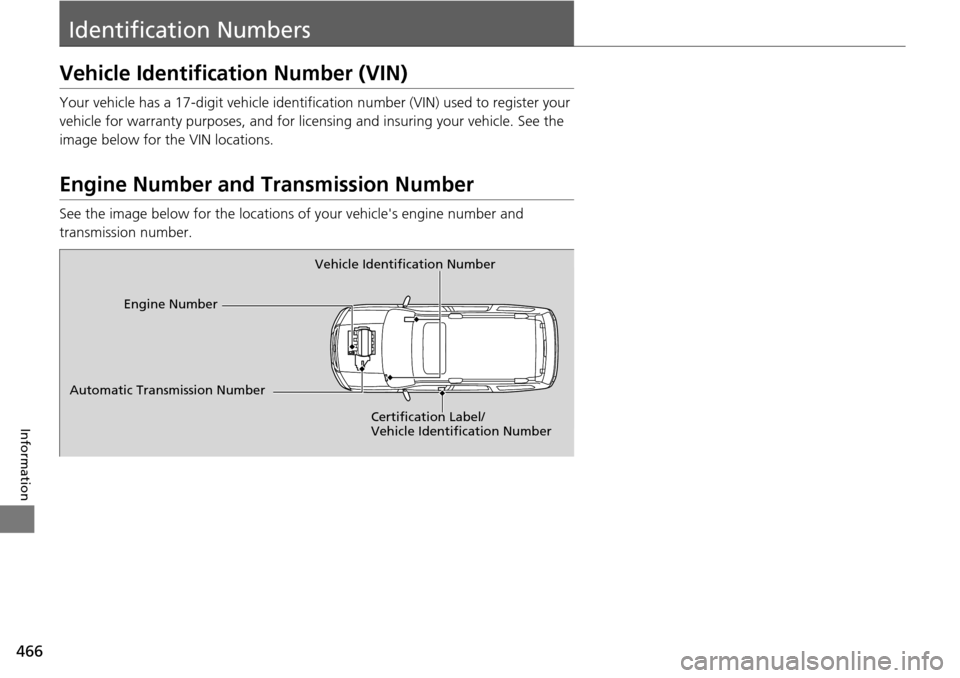 HONDA PILOT 2014 2.G Owners Manual 466
Information
Identification Numbers
Vehicle Identification Number (VIN)
Your vehicle has a 17-digit vehicle identification number (VIN) used to register your
vehicle for warranty purposes, and for HONDA PILOT 2014 2.G Owners Manual 466
Information
Identification Numbers
Vehicle Identification Number (VIN)
Your vehicle has a 17-digit vehicle identification number (VIN) used to register your
vehicle for warranty purposes, and for