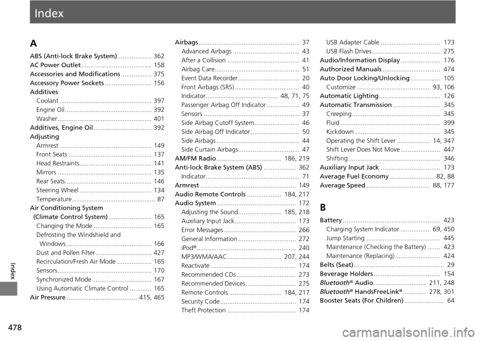 HONDA PILOT 2014 2.G Owners Manual Index
478
Index
Index
A
ABS (Anti-lock Brake System)................... 362
AC Power Outlet .............
 .......................... 158
Accessories and Modifications ............
 ..... 375
Accessor