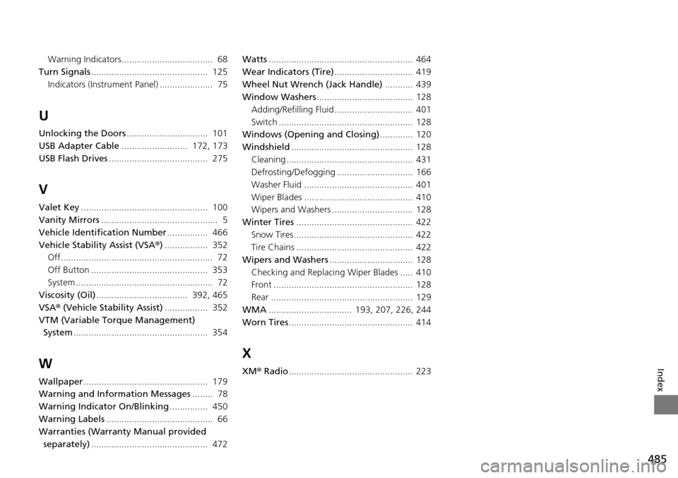 HONDA PILOT 2014 2.G Service Manual 485
Index
Warning Indicators....................................  68
Turn Signals..............................................  125
Indicators (Instru ment Panel)
 .....................  75
U
Unlocki