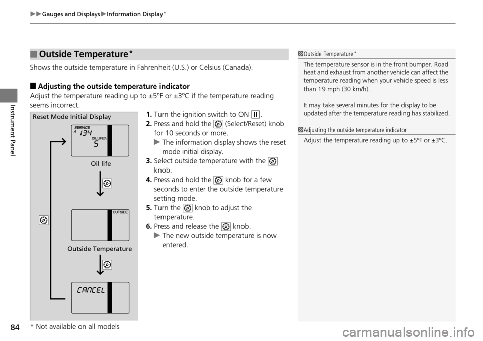 HONDA PILOT 2014 2.G Owners Manual uu Gauges and Displays  u Information Display *
84
Instrument Panel
Shows the outside temperature in Fahr enheit (U.S.) or Celsius (Canada).
■Adjusting the outside temperature indicator
Adjust the t