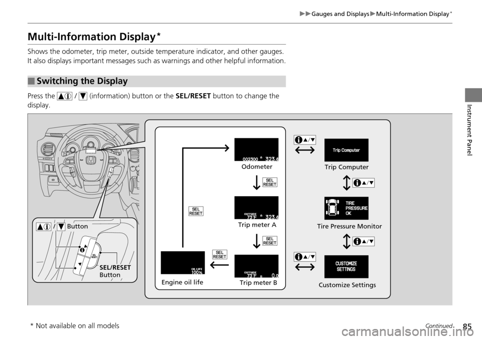 HONDA PILOT 2014 2.G Owners Manual 85
uu Gauges and Displays  u Multi-Informat ion Display *
Continued
Instrument Panel
Multi-Information Display *
Shows the odometer, trip meter, outside te mperature indicator, and other gauges.
It al