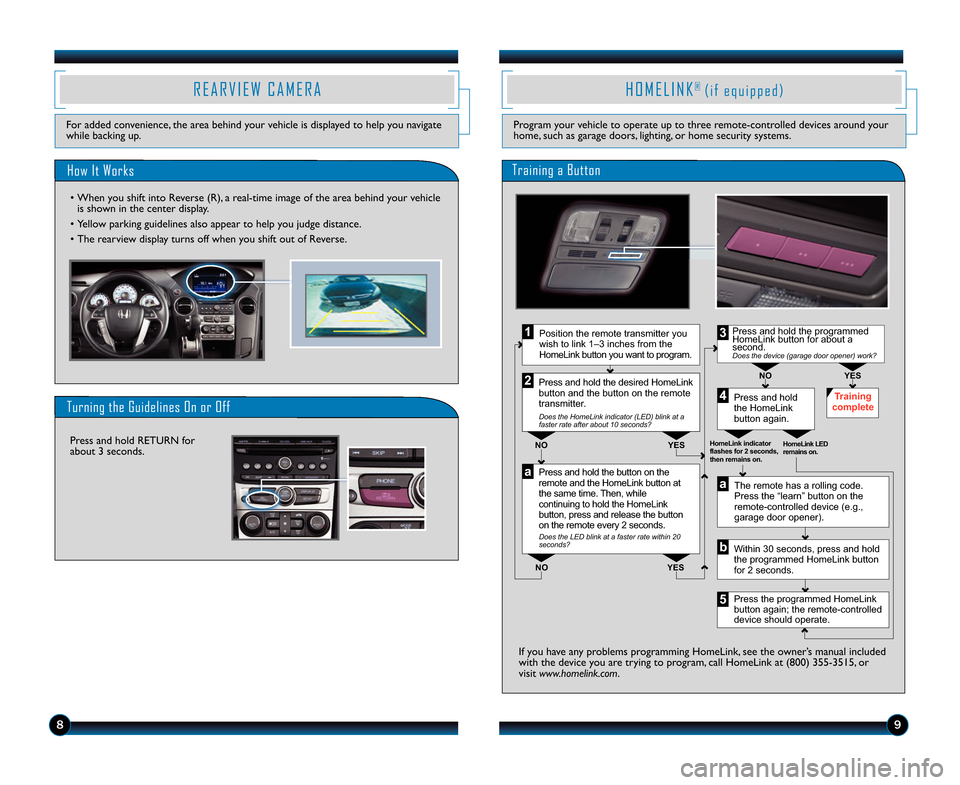 HONDA PILOT 2014 2.G Quick Guide 9\b
H O M E L I N K®  ( i f   e q u i p p e d )
Program your vehicle to operate up to three remote�controlled devices around your
home\b such as garage doors\b lighting\b or home security systems.
P 