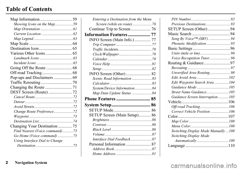 HONDA PILOT 2015 2.G Navigation Manual 2
Navigation System
Table of Contents
Map Information .............................. 59Showing Icons on the Map...................59
Map Orientation ..................................61
Current Locati