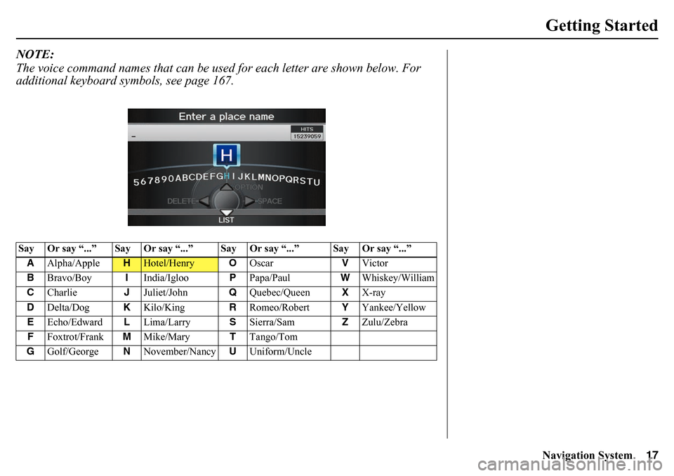 HONDA PILOT 2015 2.G Navigation Manual Navigation System17Getting Started
NOTE:
The voice command nam es that can be used for each letter are shown below. For
additional keyboard sy mbols, see page 167.Say Or say “...” Say Or say “ HONDA PILOT 2015 2.G Navigation Manual Navigation System17Getting Started
NOTE:
The voice command nam es that can be used for each letter are shown below. For
additional keyboard sy mbols, see page 167.Say Or say “...” Say Or say “