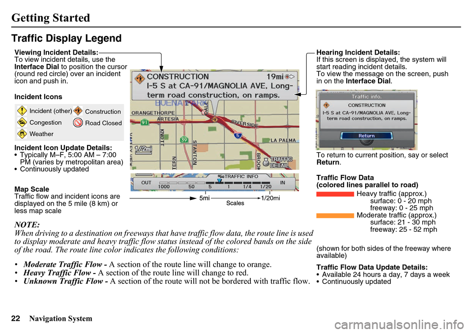 HONDA PILOT 2015 2.G Navigation Manual 22
Navigation System
Getting StartedTraffic Display Legend
20mi
Incident (other)
Congestion
WeatherConstruction
Road Closed
Viewing Incident Details:
To view incident details, use the
Interface Dial
HONDA PILOT 2015 2.G Navigation Manual 22
Navigation System
Getting StartedTraffic Display Legend
20mi
Incident (other)
Congestion
WeatherConstruction
Road Closed
Viewing Incident Details:
To view incident details, use the
Interface Dial