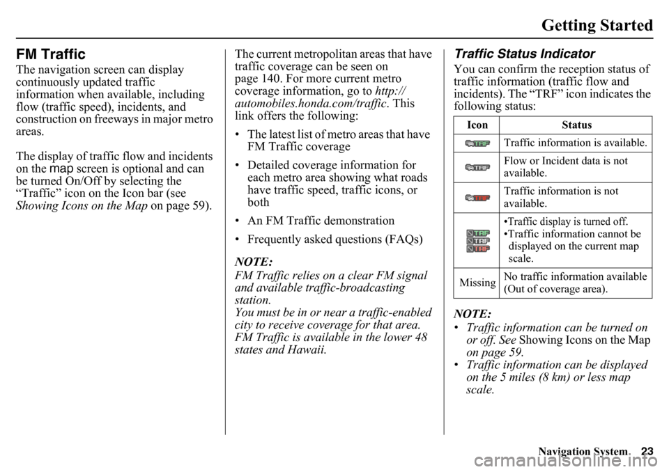 HONDA PILOT 2015 2.G Navigation Manual Navigation System23Getting Started
FM TrafficThe navigation screen can display
continuously updated traffic
information when available, including
flow (traffic speed), incidents, and
construction HONDA PILOT 2015 2.G Navigation Manual Navigation System23Getting Started
FM TrafficThe navigation screen can display
continuously updated traffic
information when available, including
flow (traffic speed), incidents, and
construction