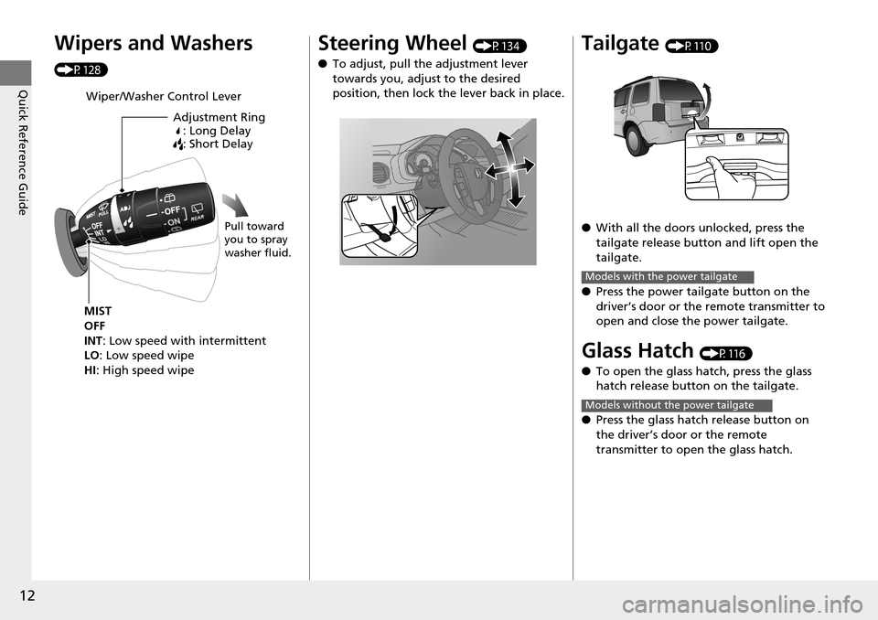 HONDA PILOT 2015 2.G Owners Manual 12
Quick Reference Guide
Wipers and Washers 
(P128)
Wiper/Washer Control LeverAdjustment Ring: Long Delay
: Short Delay
MIST
OFF
INT : Low speed with intermittent
LO: Low speed wipe
HI : High speed wi
