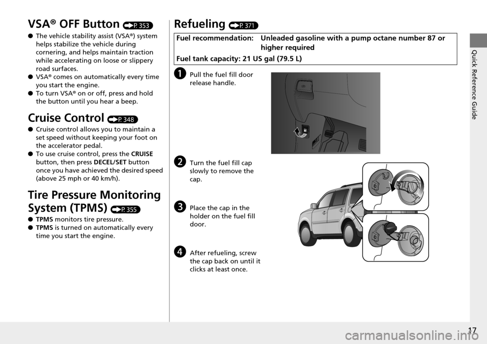 HONDA PILOT 2015 2.G User Guide 17
Quick Reference Guide
VSA® OFF Button (P353)
● The vehicle stability assist (VSA ®) system
helps stabilize the vehicle during
cornering, and helps maintain traction
while accelerating on loo HONDA PILOT 2015 2.G User Guide 17
Quick Reference Guide
VSA® OFF Button (P353)
● The vehicle stability assist (VSA ®) system
helps stabilize the vehicle during
cornering, and helps maintain traction
while accelerating on loo