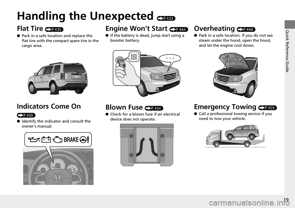 HONDA PILOT 2015 2.G User Guide Quick Reference Guide
19
Handling the Unexpected (P433)
Flat Tire (P435)
● Park in a safe location and replace the
flat tire with the comp act spare tire in the
cargo area.
Indicators Come On
(P4 HONDA PILOT 2015 2.G User Guide Quick Reference Guide
19
Handling the Unexpected (P433)
Flat Tire (P435)
● Park in a safe location and replace the
flat tire with the comp act spare tire in the
cargo area.
Indicators Come On
(P4