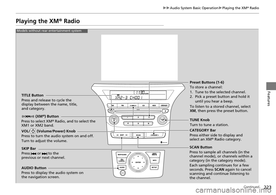 HONDA PILOT 2015 2.G Owners Manual 223
uuAudio System Basic Operation uPlaying the XM ® Radio
Continued
Features
Playing the XM ® Radio
TITLE Button
Press and release to cycle the 
display between the name, title, 
and category.
 (XM