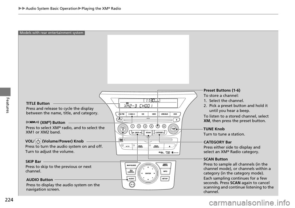 HONDA PILOT 2015 2.G Owners Manual 224
uuAudio System Basic Operation uPlaying the XM ® Radio
Features
SCAN Button
Press to sample all channels (in the 
channel mode), or channels within a 
category (in the category mode). 
Each sampl
