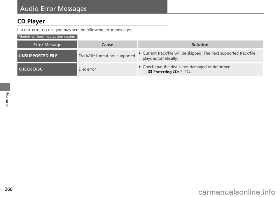 HONDA PILOT 2015 2.G Owners Manual 266
Features
Audio Error Messages
CD Player
If a disc error occurs, you may see the following error messages.
Error MessageCauseSolution
UNSUPPORTED FILETrack/file format not supported●Current track