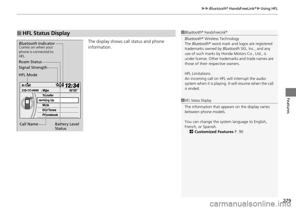 HONDA PILOT 2015 2.G Owners Manual 279
uuBluetooth ® HandsFreeLink ®u Using HFL
Features
The display shows call status and phone 
information.
■HFL Status Display1Bluetooth ® HandsFreeLink ®
Bluetooth ® Wireless Technology
The  