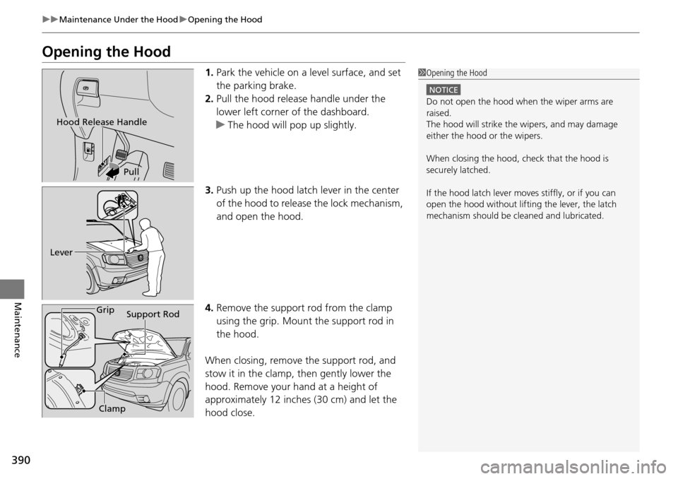 HONDA PILOT 2015 2.G Owners Manual 390
uuMaintenance Under the Hood uOpening the Hood
Maintenance
Opening the Hood
1. Park the vehicle on a level surface, and set 
the parking brake.
2. Pull the hood release handle under the 
lower lef