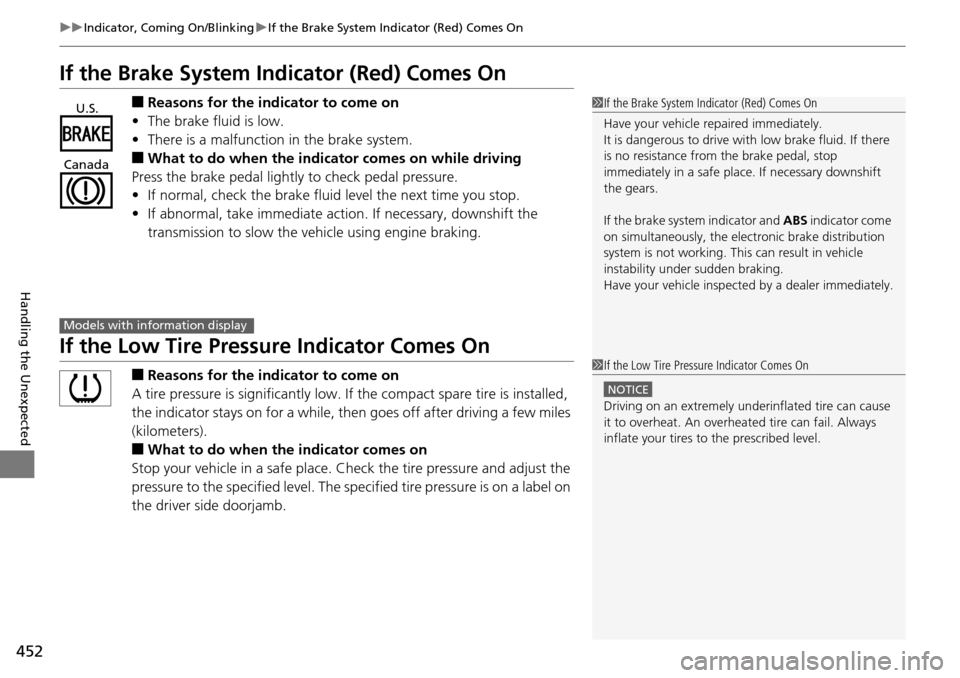 HONDA PILOT 2015 2.G Owners Manual 452
uuIndicator, Coming On/Blinking uIf the Brake System Indicator (Red) Comes On
Handling the Unexpected
If the Brake System Indicator (Red) Comes On
■Reasons for the indicator to come on
• The b