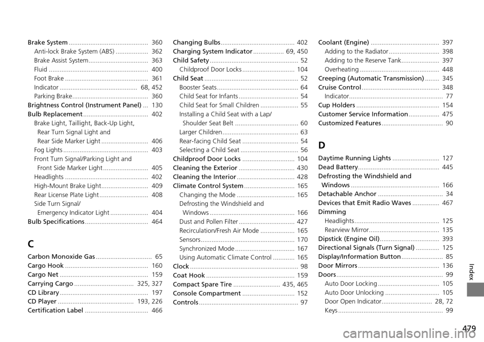 HONDA PILOT 2015 2.G Owners Manual 479
Index
Brake System............................................  360
Anti-lock Brake System (ABS) ..................  362
Brake Assist System.................................  363
Fluid ...........