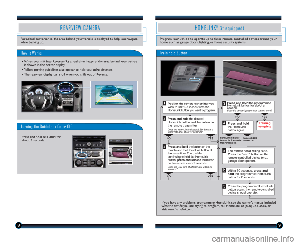 HONDA PILOT 2015 2.G Technology Reference Guide 98
HOMELINK® (if equipped)
Program your vehicle to operate up to three remote-controlled devices around your
home, such as garage doors, lighting, or home security systems.
Press and hold the button 