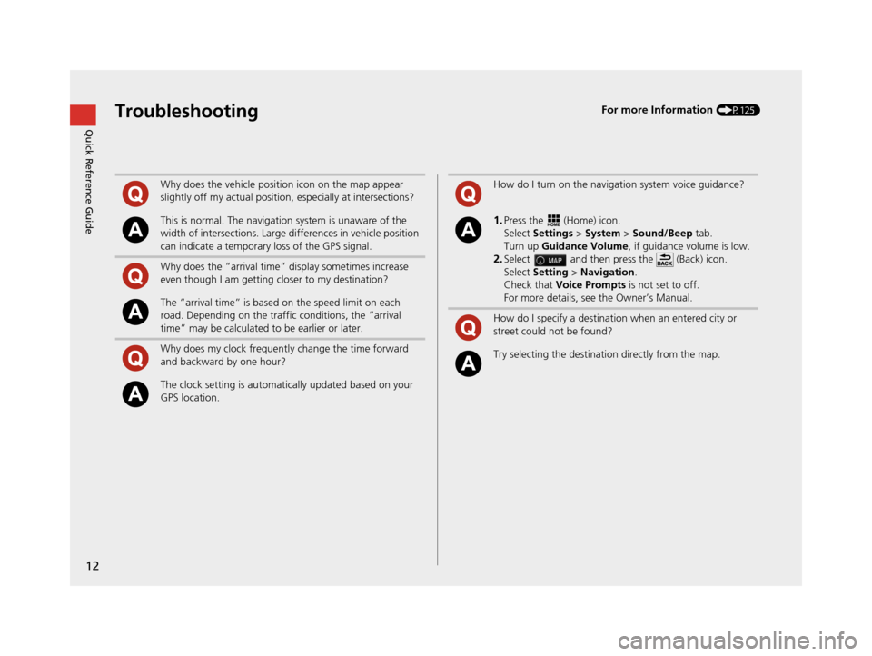 HONDA PILOT 2016 3.G Navigation Manual 12
Quick Reference GuideTroubleshootingFor more Information (P125)
Why does the vehicle position icon on the map appear 
slightly off my actual position, especially at intersections?
This is normal. T