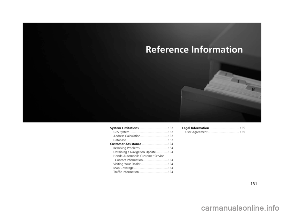 HONDA PILOT 2016 3.G Navigation Manual 131
Reference Information
System Limitations................................132
GPS System...........................................132
Address Calculation ..............................132
Database HONDA PILOT 2016 3.G Navigation Manual 131
Reference Information
System Limitations................................132
GPS System...........................................132
Address Calculation ..............................132
Database