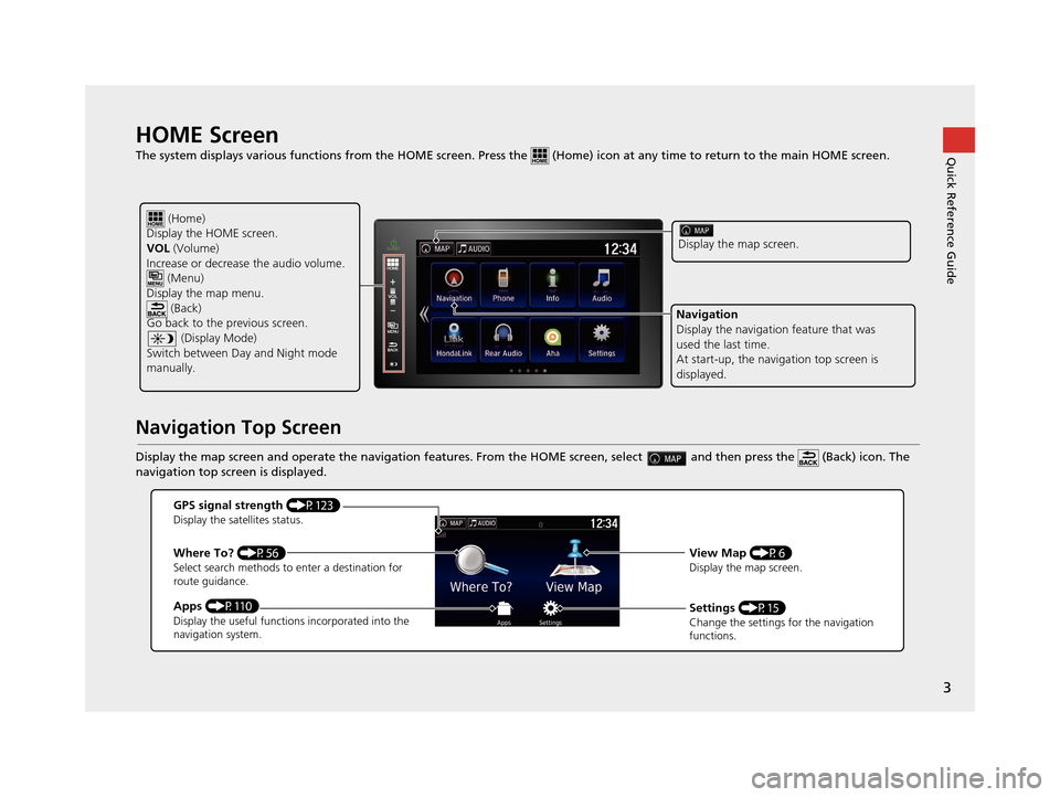 HONDA PILOT 2016 3.G Navigation Manual 3
Quick Reference GuideHOME Screen   
The system displays various functions from the HOME screen. Press the   (Home) icon at  any time to return to the main HOME scree n.
Navigation Top Screen
Display