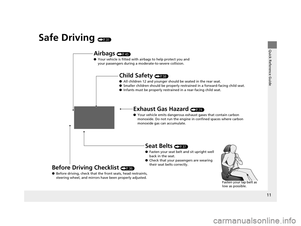 HONDA PILOT 2016 3.G Owners Manual 11
Quick Reference Guide
Safe Driving (P31)
Airbags (P45)
● Your vehicle is fitted with ai rbags to help protect you and
your passengers during a moderate-to-severe collision.
Child Safety (P58)
HONDA PILOT 2016 3.G Owners Manual 11
Quick Reference Guide
Safe Driving (P31)
Airbags (P45)
● Your vehicle is fitted with ai rbags to help protect you and
your passengers during a moderate-to-severe collision.
Child Safety (P58)