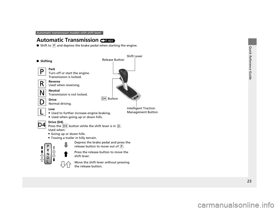 HONDA PILOT 2016 3.G Owners Manual 23
Quick Reference Guide
Automatic transmission models with shift lever
Release Button
Depress the brake pedal and press the
release button to move out of
( P.
Move the shift lever without pressing HONDA PILOT 2016 3.G Owners Manual 23
Quick Reference Guide
Automatic transmission models with shift lever
Release Button
Depress the brake pedal and press the
release button to move out of
( P.
Move the shift lever without pressing