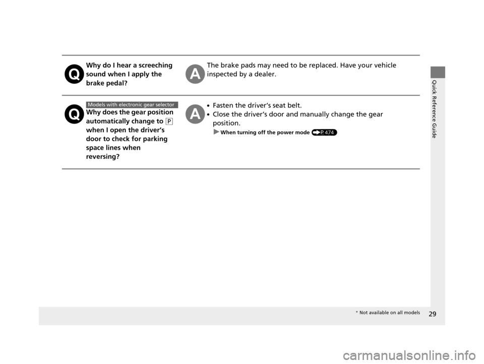 HONDA PILOT 2016 3.G Owners Manual 29
Quick Reference Guide
Why do I hear a screeching
sound when I apply the
brake pedal?The brake pads may need to be replaced. Have your vehicle
inspected by a dealer.
Why does the gear position
a HONDA PILOT 2016 3.G Owners Manual 29
Quick Reference Guide
Why do I hear a screeching
sound when I apply the
brake pedal?The brake pads may need to be replaced. Have your vehicle
inspected by a dealer.
Why does the gear position
a