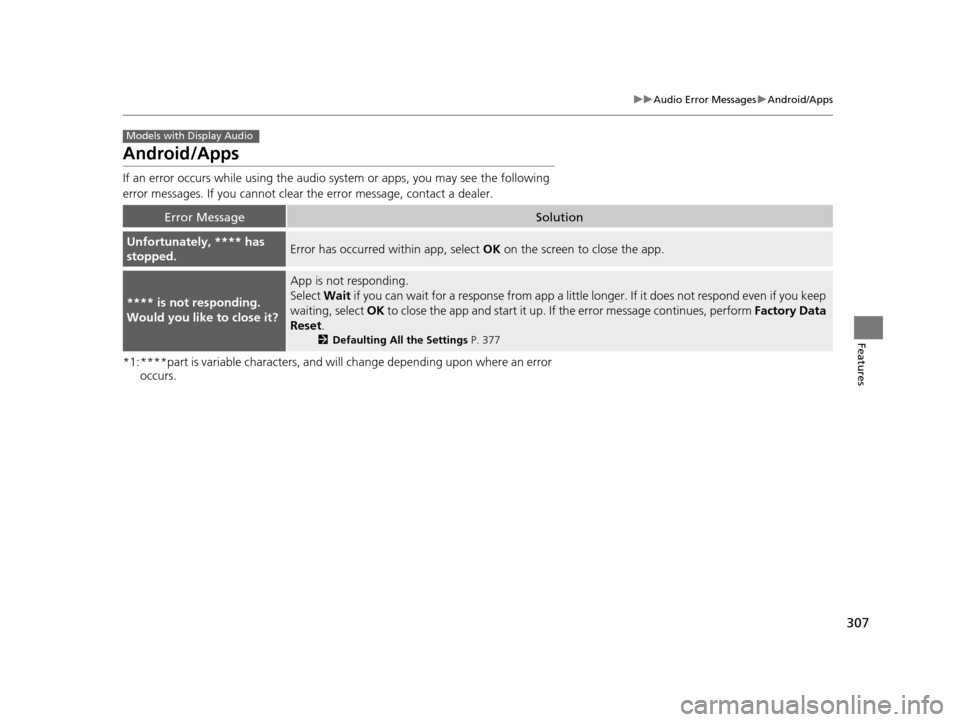 HONDA PILOT 2016 3.G Owners Manual 307
uuAudio Error Messages uAndroid/Apps
Features
Android/Apps
If an error occurs while using the audio system or apps, you may see the following
error messages. If you cannot clear the error messa HONDA PILOT 2016 3.G Owners Manual 307
uuAudio Error Messages uAndroid/Apps
Features
Android/Apps
If an error occurs while using the audio system or apps, you may see the following
error messages. If you cannot clear the error messa