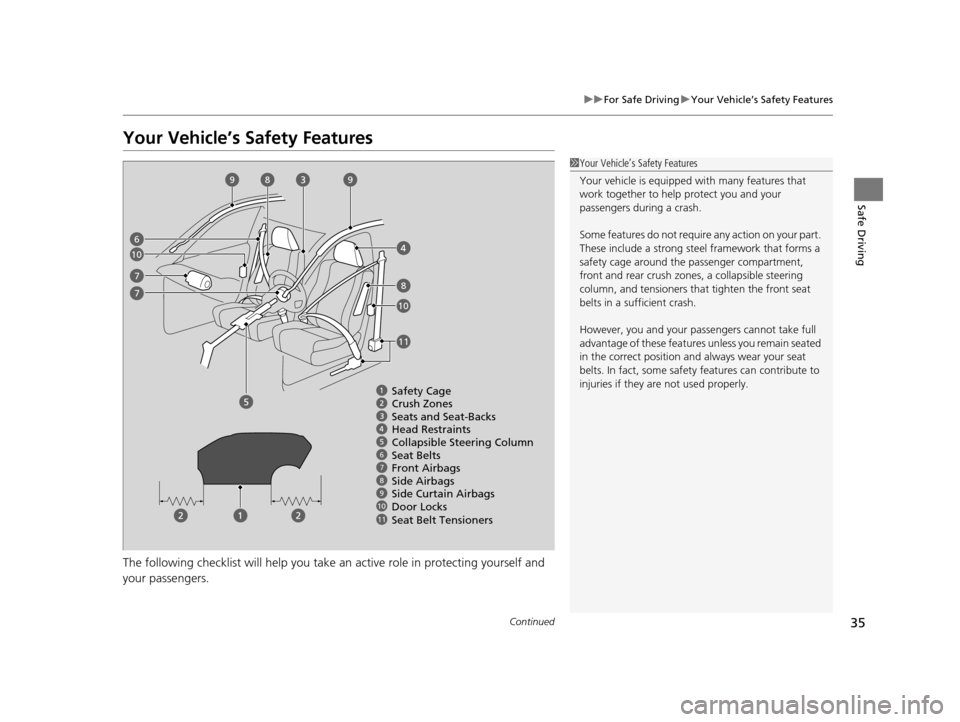 HONDA PILOT 2016 3.G Owners Guide 35
uuFor Safe Driving uYour Vehicle’s Safety Features
Continued
Safe Driving
Your Vehicle’s Safety Features
The following checklist will help you take an active role in protecting yourself and
yo HONDA PILOT 2016 3.G Owners Guide 35
uuFor Safe Driving uYour Vehicle’s Safety Features
Continued
Safe Driving
Your Vehicle’s Safety Features
The following checklist will help you take an active role in protecting yourself and
yo