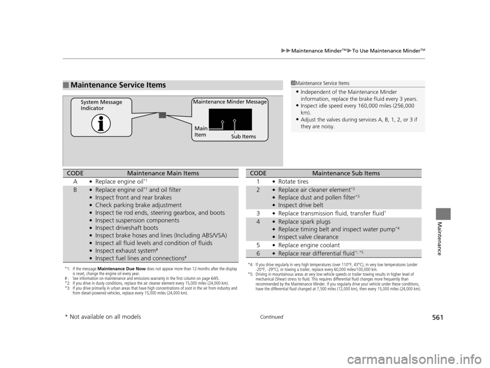 HONDA PILOT 2016 3.G Owners Manual 561
uuMaintenance MinderTMuTo Use Maintenance MinderTM
Continued
Maintenance
■Maintenance Service Items1Maintenance Service Items
•Independent of the Maintenance Minderinf
ormation, replace the br